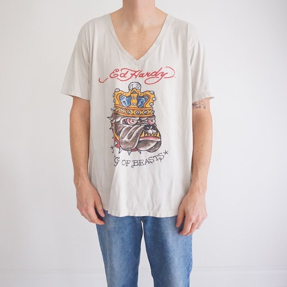 VTG Y2K Ed Hardy White King Of Beasts Dog Short Sleeve Cotton Tee T-Shirt XXL